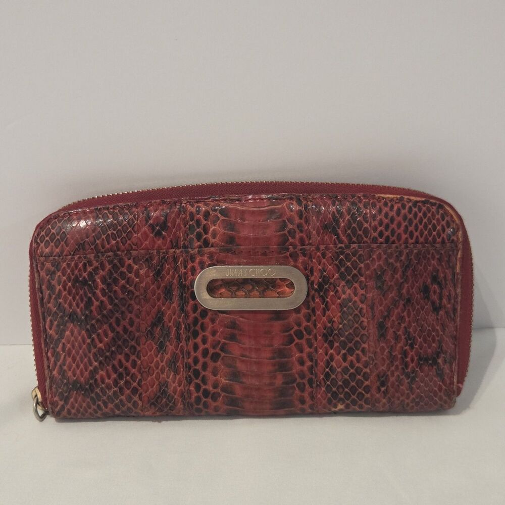 JIMMY CHOO Red Black Leather Snakeskin Design Wallet Made In Italy Zip Around